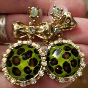 Betsey Johnson green leopard-print rhinestone earr
